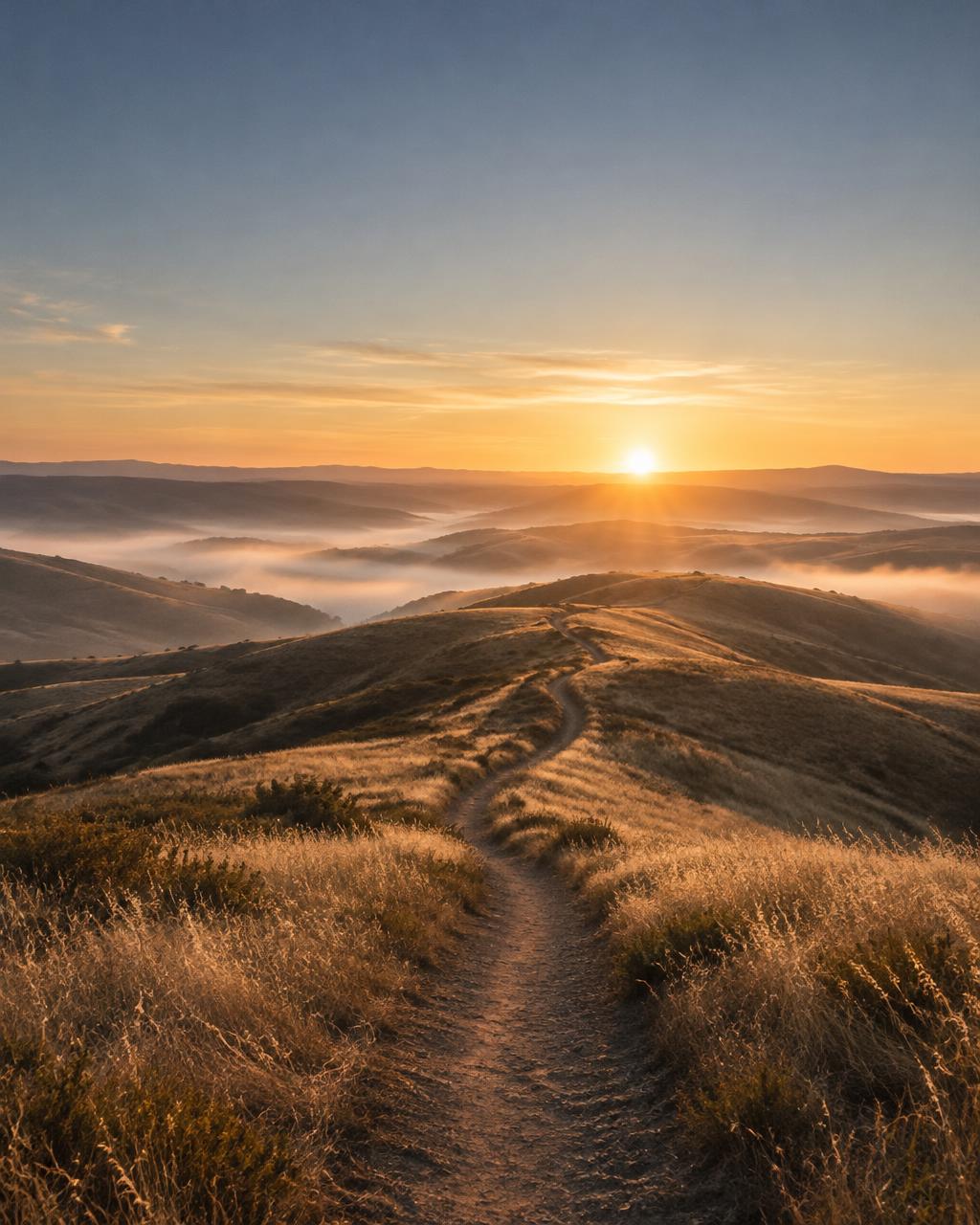A clear path through golden hills leading to a sunlit horizon at dawn